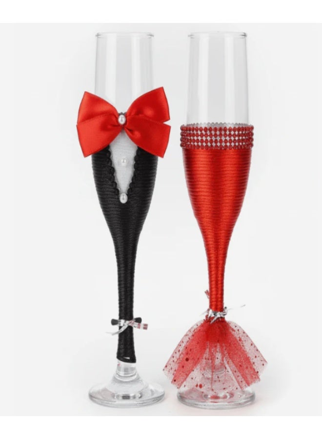 AKDC Wedding Bride & Groom Champagne Flute Glass Set of 2 – Black & Red Design - Image 1